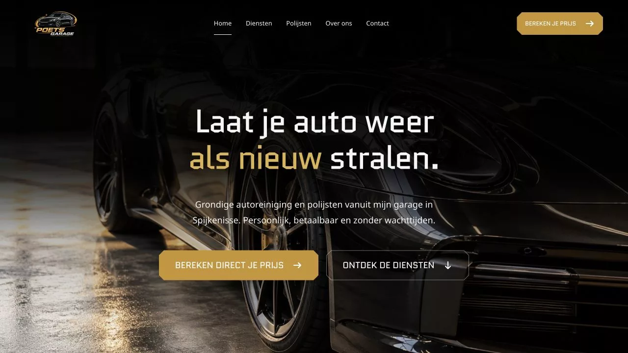 Nieuwe homepage van Poets Garage in zwart en goud.