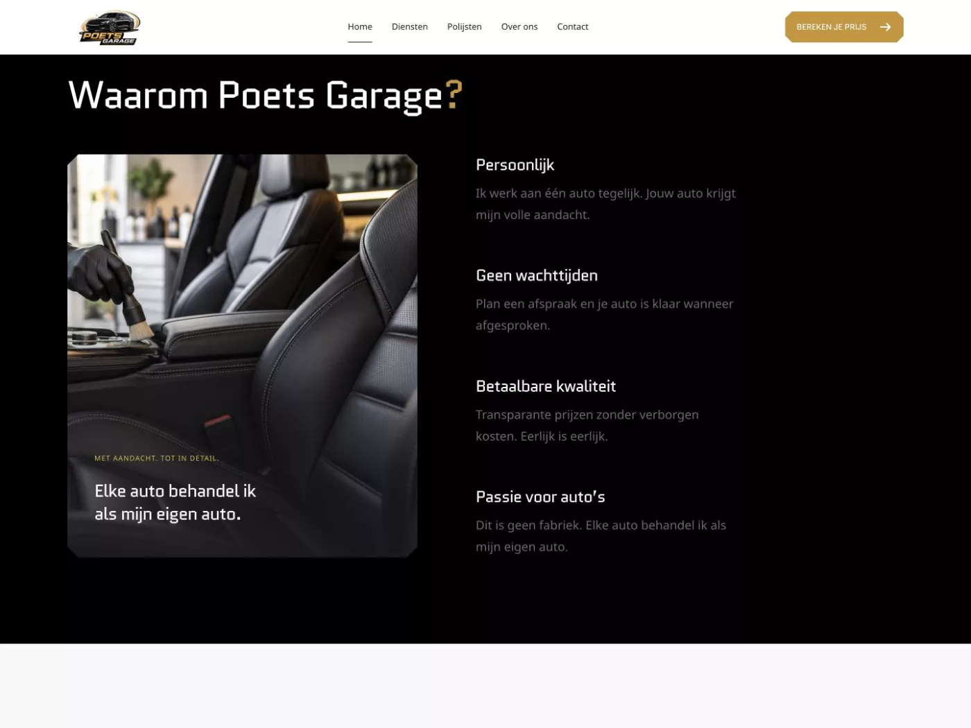 Nieuwe Poets Garage-homepage onder de vouw: Waarom Poets Garage.
