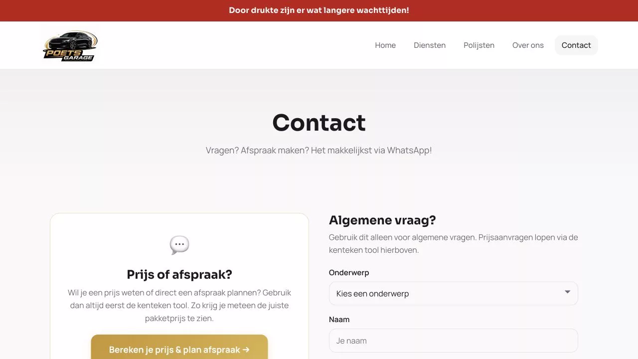 Oude contactpagina van Poets Garage.